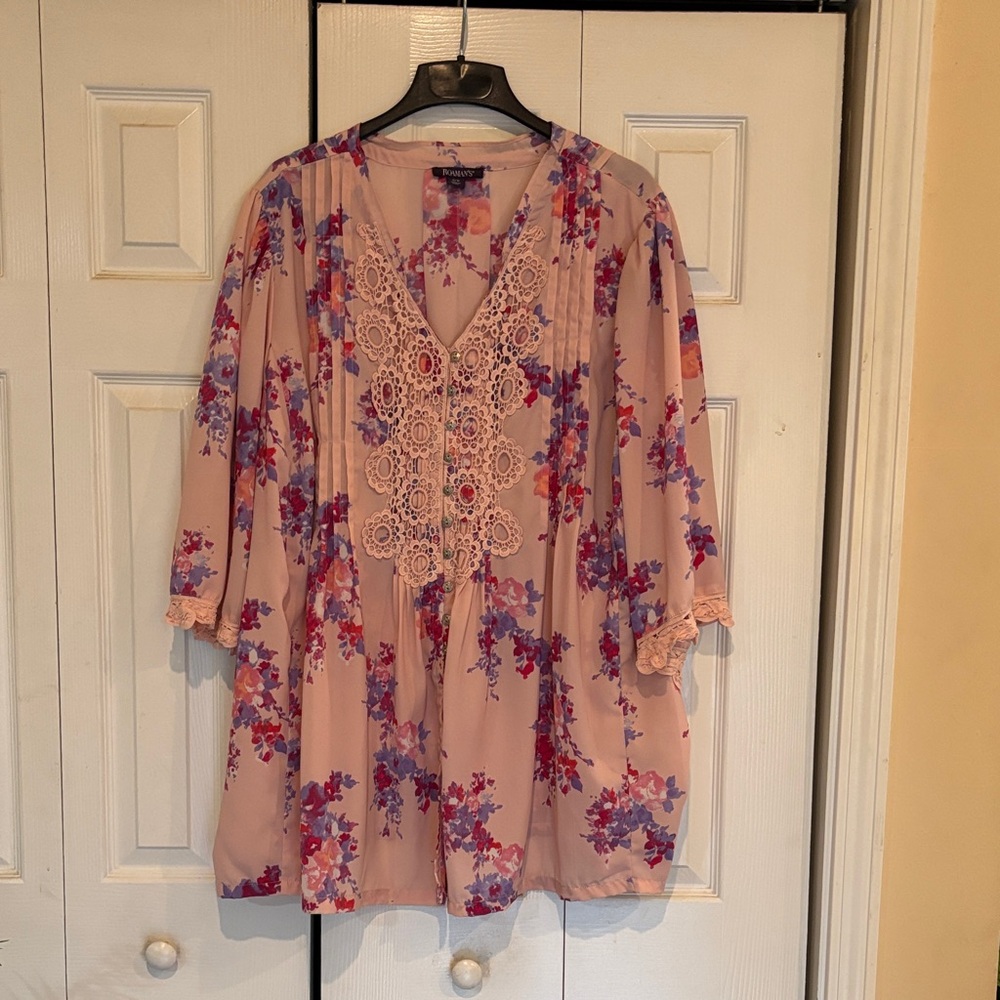 Roaman's Pink Floral Lace Blouse